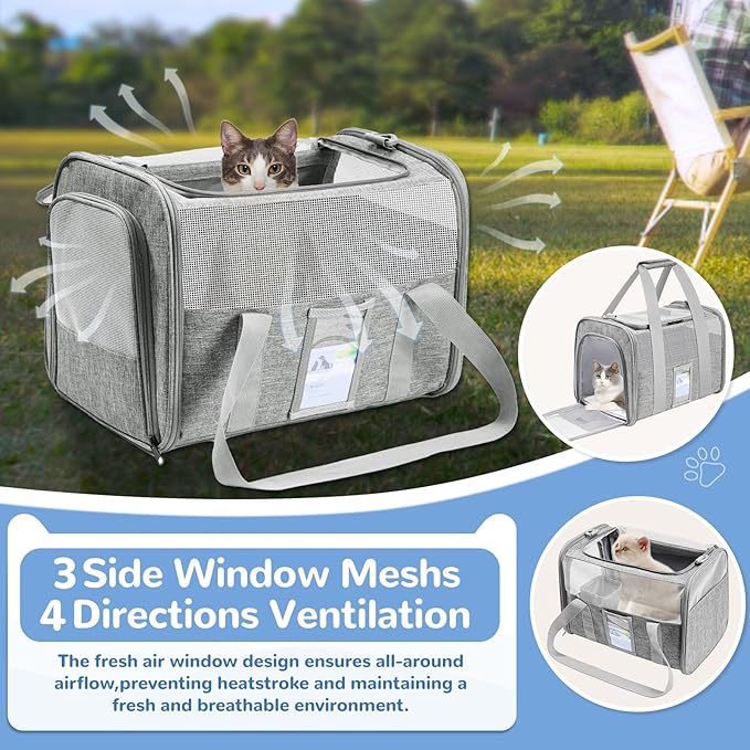 Soft Sided Cat Carrier for Under 18 Pounds, Folable Pet Carrier for Small Medium Cats Dogs, Roomy Dog Travel Carrier, Collapsible Puppy Carrier Bag with Locking Safety Zippers, Gray