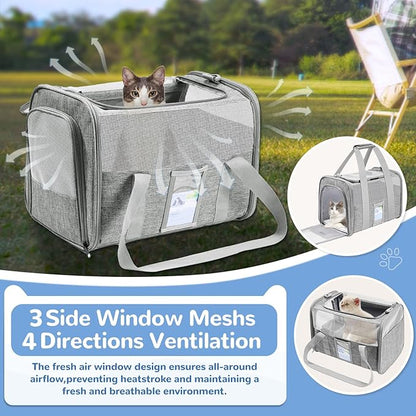 Soft Sided Cat Carrier for Under 18 Pounds, Folable Pet Carrier for Small Medium Cats Dogs, Roomy Dog Travel Carrier, Collapsible Puppy Carrier Bag with Locking Safety Zippers, Gray