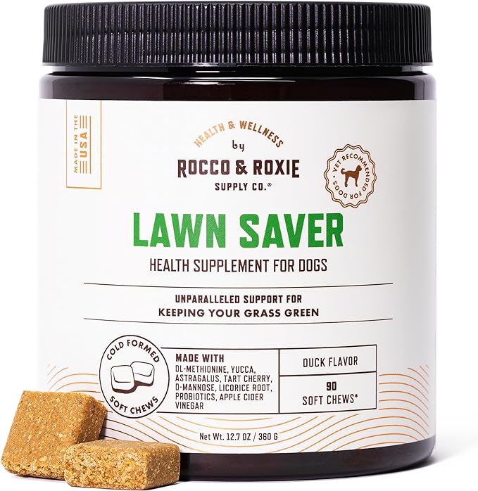 Rocco & Roxie Dog Urine Neutralizer for Lawn, Green Grass Savers for Dog Urine Pee Spots, UTI Health & Bladder Control Supplement with D-Mannose, Apple Cider Vinegar & DL-Methionine, 90ct Soft Chews