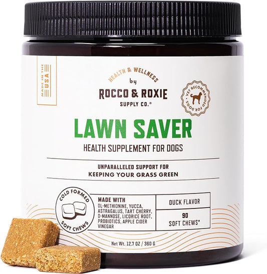 Rocco & Roxie Dog Urine Neutralizer for Lawn, Green Grass Savers for Dog Urine Pee Spots, UTI Health & Bladder Control Supplement with D-Mannose, Apple Cider Vinegar & DL-Methionine, 90ct Soft Chews