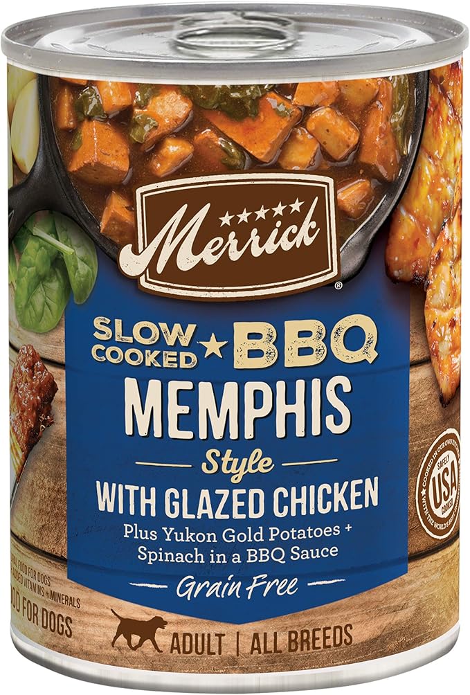 Merrick Slow-Cooked BBQ Premium Real Meat Grain Free Canned Adult Dog Food, Memphis Style With Glazed Chicken - (Pack of 12) 12.7 oz. Cans
