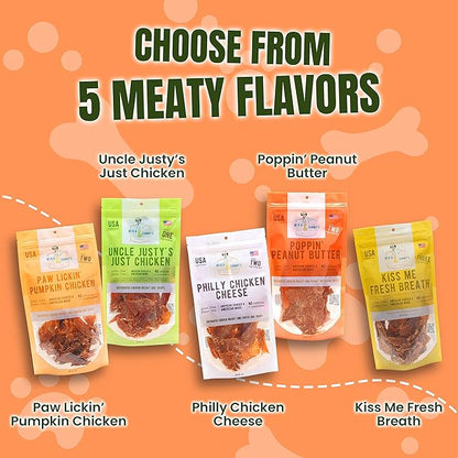 Gourmet Jerky Dog Treats - Natural Dog Treat Chicken Jerky for Dogs, Nutritious and Tasty Dog Jerky Treats Made in USA only, Cage-Free, No Additives (Mika & Sammy's Poppin' Peanut Butter 12 oz)