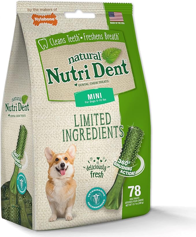 Nylabone Nutri Dent Dog Dental Treats - Natural Dog Teeth Cleaning & Breath Freshener - Dental Treats for Dogs - Fresh Breath Flavor, Mini (78 Count)