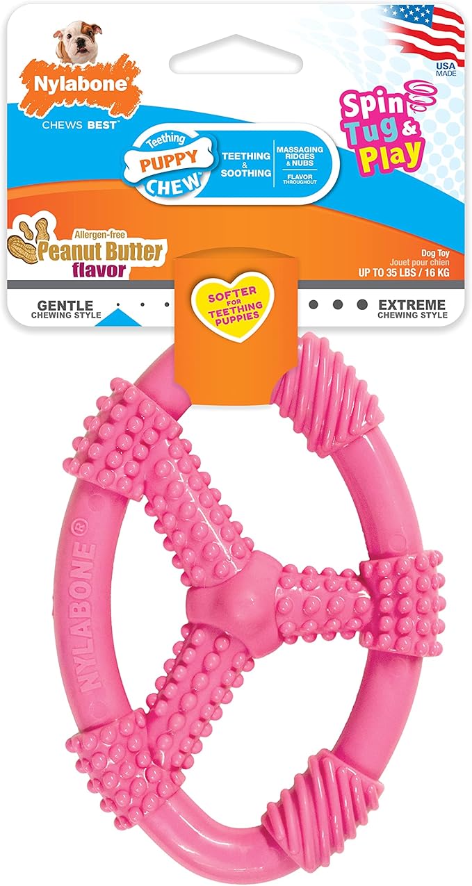 Nylabone Spin Tug & Play Pink Puppy Chew Toy for Teething - Puppy Supplies - Peanut Butter Flavor, Medium/Wolf (1 Count)