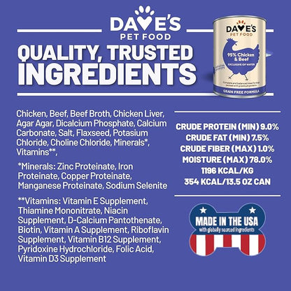 Dave's Pet Food Grain Free Wet Dog Food (95% Chicken & Beef), Made in USA, Limited Ingredients, Wheat & Gluten-Free, Added Vitamins & Minerals, 12.5 oz Cans (Case of 12)