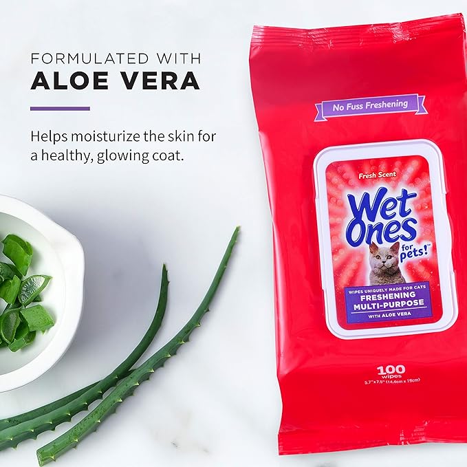 Wet Ones for Pets Freshening Multipurpose Wipes for Cats with Aloe Vera | Easy to Use Cat Cleaning Wipes, Freshening Cat Grooming Wipes for Pet Grooming in Fresh Scent| 100 ct Pouch Cat Wipes