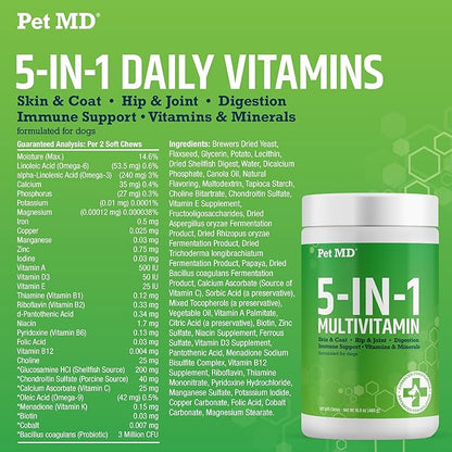 Pet MD 5in1 Dog Multivitamin - 30 Essential Vitamins, Minerals & Nutrients for Skin & Coat, Hip & Joint, Digestion, Immune & Senior Dog Vitamins - Glucosamine, Omega 3 6 9, & Probiotics - 120 ct