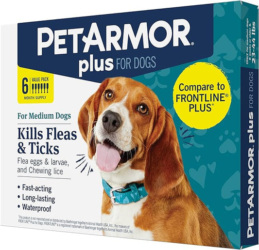 PetArmor Plus Flea and Tick Prevention for Dogs, Dog Flea and Tick Treatment, 6 Doses, Waterproof Topical, Fast Acting, Medium Dogs (23-44 lbs)