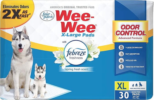 Four Paws Wee-Wee Odor Control with Febreze Freshness Pee Pads for Extra Large Dogs, Leak-Proof Floor Protection Dog & Puppy Quilted Potty Training Pads, Spring Fresh Scent, 28" x 30" (30 Count)