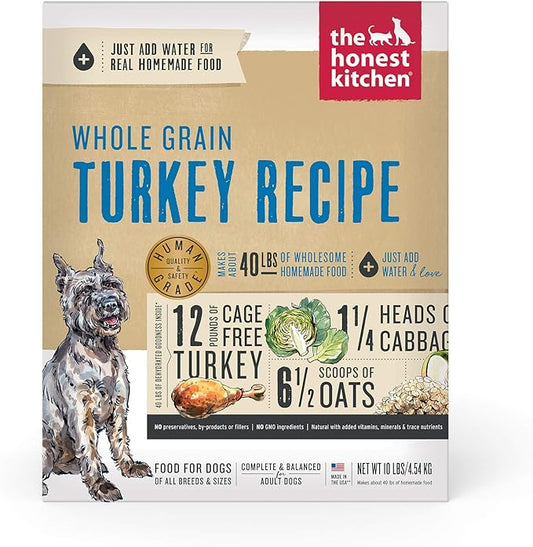 The Honest Kitchen Human Grade Dehydrated Whole Grain Dog Food – Complete Meal or Dog Food Topper – Turkey, 10 Pound (Pack of 1) (makes 40 lbs)