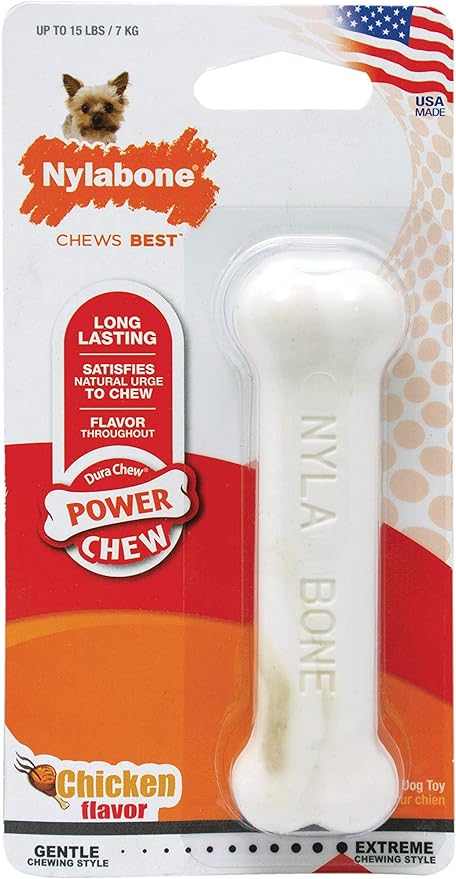 Nylabone Power Chew Classic Bone Chew Toy for Dogs, Durable Dog Toys for Aggressive Chewers, Chicken Flavor, X-Small/Petite - Up to 15 lbs. (1 Count)