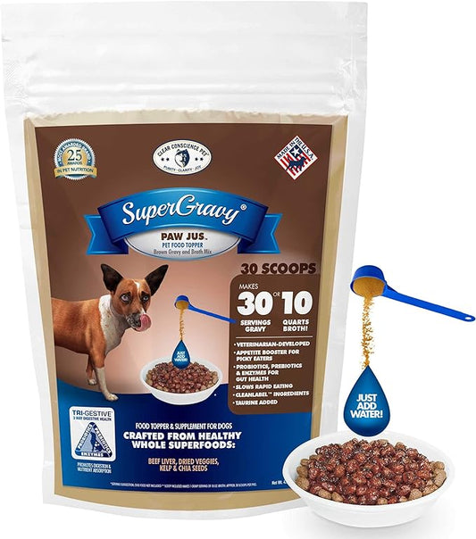 SuperGravy PAW jus - Natural Dog Food Gravy Topper - Hydration Broth Food Mix - Human Grade – Kibble Seasoning for Picky Eaters – Gluten Free & Grain Free, 30 Scoop, 01046