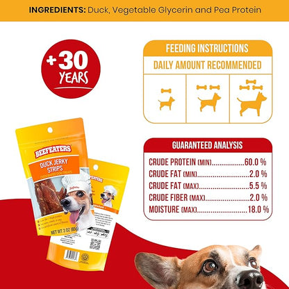 Beefeaters Dog Treats - Duck Jerky Strips 3oz, Case of 6 | Dog Food Real Duck #1 Ingredient | No Corn/Wheat/Soy/Gluten | High Protein & Low Fat | Dog Training Treats for All Dog Sizes