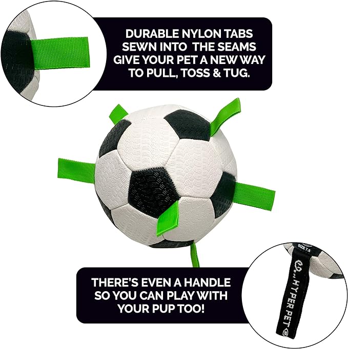 Hyper Pet Grab Tabs Dog Soccer Ball with Straps (7.5") Indoor or Outdoor, Interactive Durable Fetch Dog Ball with Tug Toy for All Dog Breeds