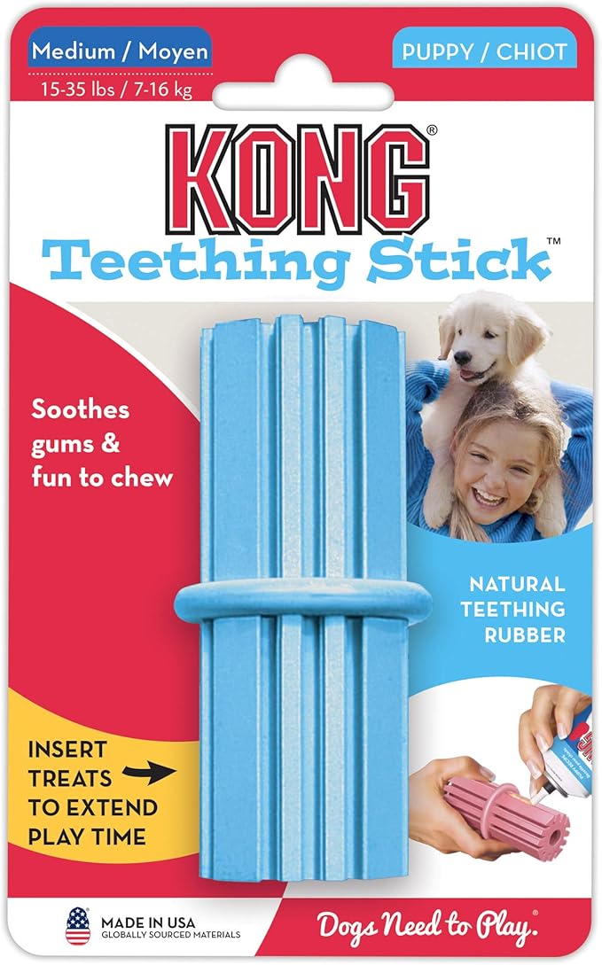 KONG Puppy Teething Stick - Soft Teething Stick for Growing Puppies - Teeth Cleaning Dog Toy - Chew Toy for Puppies with Ridges - Natural Rubber Toy Perfect for Snacks & Treats - for Medium Puppies