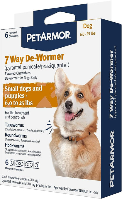 PetArmor 7 Way De-Wormer for Dogs, Oral Treatment for Tapeworm, Roundworm & Hookworm in Small Dogs & Puppies (6-25 lbs), Worm Remover (Praziquantel & Pyrantel Pamoate), 6 Flavored Chewables