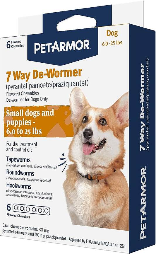 PetArmor 7 Way De-Wormer for Dogs, Oral Treatment for Tapeworm, Roundworm & Hookworm in Small Dogs & Puppies (6-25 lbs), Worm Remover (Praziquantel & Pyrantel Pamoate), 6 Flavored Chewables