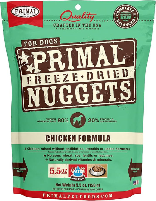 Primal Freeze Dried Dog Food Nuggets, Chicken; Complete & Balanced Meal; Also Use as Topper or Treat; Premium, Healthy, Grain Free, High Protein Raw Dog Food, 5.5 oz