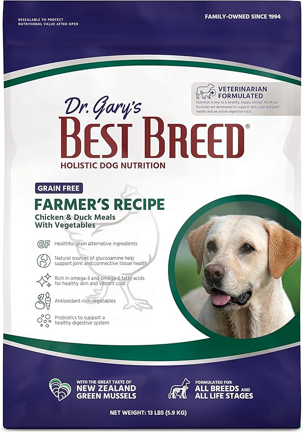 Best Breed Dr. Gary's Grain Free Farmer's Recipe Slow-Cooked in USA, Natural Dry Dog Food for All Breeds and Sizes, 13lbs.
