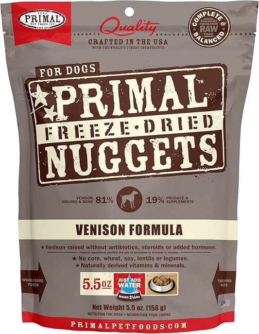 Primal Freeze Dried Dog Food Nuggets, Venison; Complete & Balanced Meal; Also Use as Topper or Treat; Premium, Healthy, Grain Free, High Protein Raw Dog Food, 5.5 oz