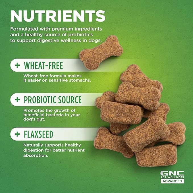 GNC Pets Advanced Digestion Dog Supplements for All Dogs | 90 ct Soft Chew Dog Digestive Supplements with Flaxseed and Probiotics | Chicken Flavor Dog Supplements for Digestive Support and Gut Health