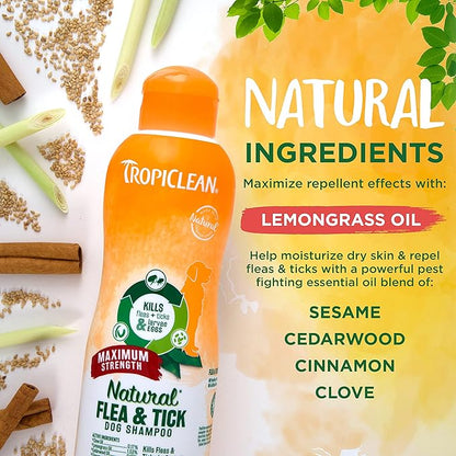 TropiClean Maximum Strength Natural Flea and Tick Dog Shampoo for Flea and Tick Prevention for Dogs | Made in the USA | 20 oz