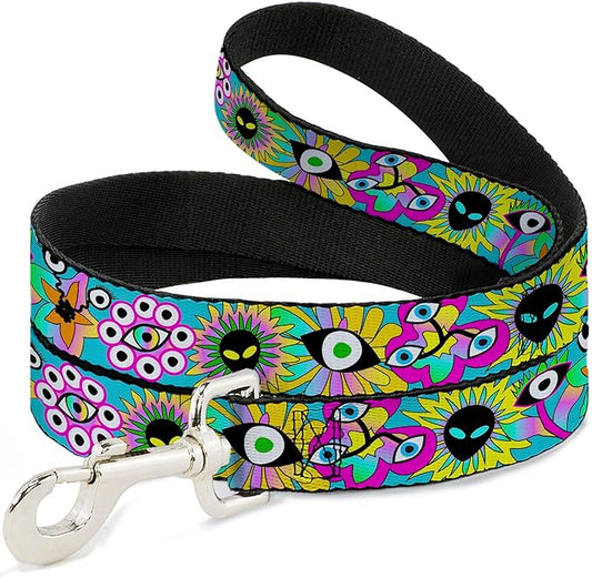 Buckle-Down Pet Leash, Dog Leash, Funky Alien Flowers Aqua Blue Multi Color, 4 Feet Long 1.5 Inch Wide