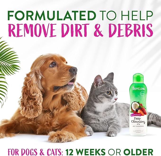 TropiClean Berry & Coconut Deep Cleansing Dog Shampoo | Deodorizing Natural Pet Shampoo Derived from Natural Ingredients | Cat Friendly | Made in the USA | 20 oz.