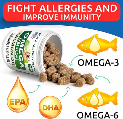 Omega 3 Dog Treats - 180 Fish Oil Chews for Shedding, Allergies, Itch Relief, Hot Spots - Joint Support - Skin & Coat - EPA & DHA - Natural Salmon Oil