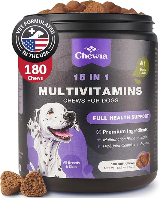 Dog Vitamins 15 in 1 - Dog Multivitamin Chews with MSM for Hip & Joint Health - Dog Supplement for Itchy Skin Relief - Multivitamin for Dogs Immune Support with Enzymes - Skin & Coat, Mobility Support
