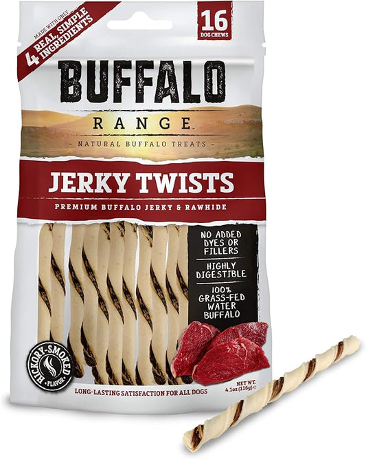 Rawhide Dog Treats | Healthy, Grass-Fed Buffalo Jerky Raw Hide Chews | Hickory Smoked Flavor | Jerky Twist, 16 Count