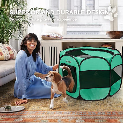 Portable Dog Playpen Crate Cage for Small Dogs Indoor Outdoor, Collapsible Pop Up Pet Cat Kitten Play Pen Tent Enclosed, Foldable Dog Kennel with Bottom Roof Cover for Rv Camping - Green