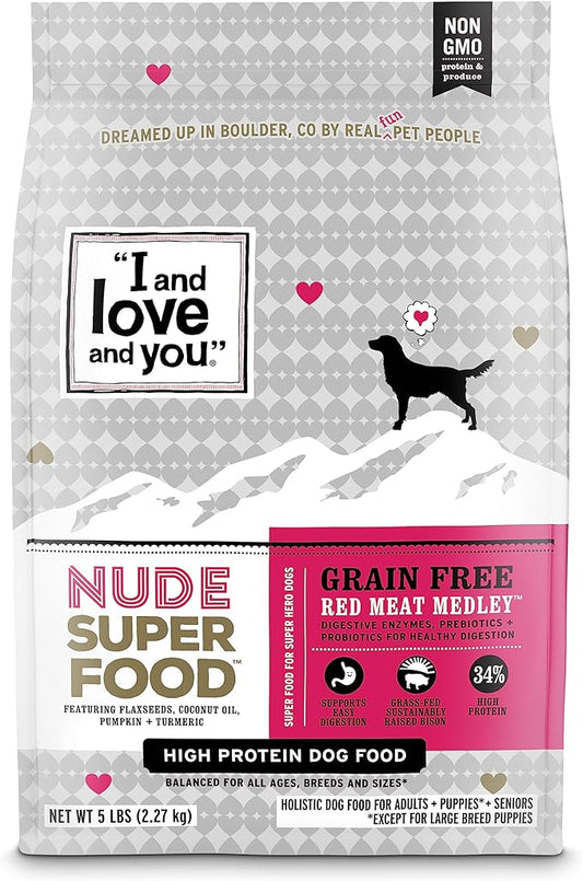 I and love and you Nude Super Food Dry Dog Food - Red Meat Medley - Prebiotic + Probiotic, Grain Free, Real Meat, No Fillers, 5lb Bag