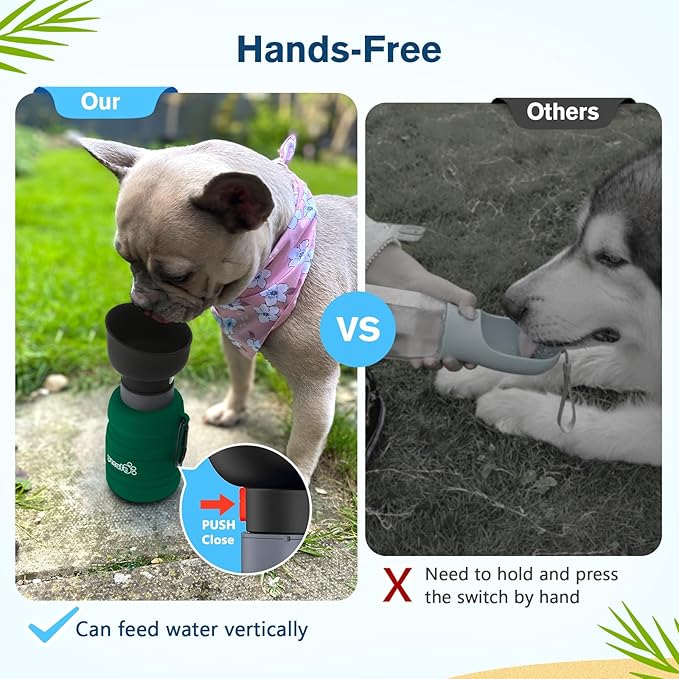 Pecute Dog Water Bottle Portable, 29oz Dog Foldable Water Bottle with Folding Bowl & Clip, 100% Food Grade Silicone, 5 Levels Capacity, Dog Water Bottle for Outdoor Walking, Hiking, Travel(Green)