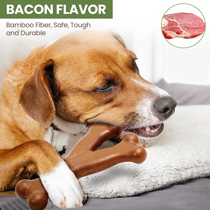 SPOT Bam-Bones Wishbone - Made with Strong Bamboo Fiber, Durable Long Lasting Dog Chew for Light to Moderate Chewers, Great Toy for Adult Dogs & Teething Puppies Under 50lbs, 7in, Bacon Flavor