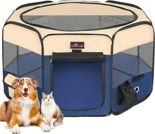 Dog Playpen, Cat Playpen - Foldable Pet Playpen with Carrying Case, Portable Pet Tent for Indoor/Outdoor Use | Water Resistant | Removable Shade Cover - (Blue, X-Large)
