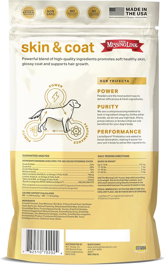 The Missing Link Skin & Coat + Probiotics Supplement 8oz Bag - Powerful Superfood Powder for Dogs Supports Healthy Skin & Glossy Coat, Promotes Hair Growth