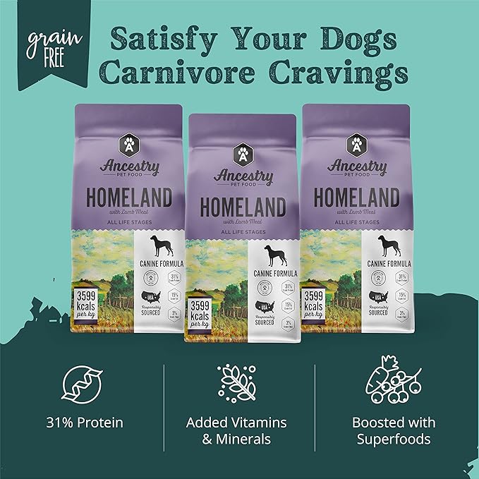 Ancestry Homeland Dog Food, Lamb Meal & Sweet Potato, Blend of Lamb, Duck, Salmon & Pork, Multi-Protein Mix, For All Life Stages, Grain Free, Digestiable, Gut Health & Immune Support (4 lb. Bag)