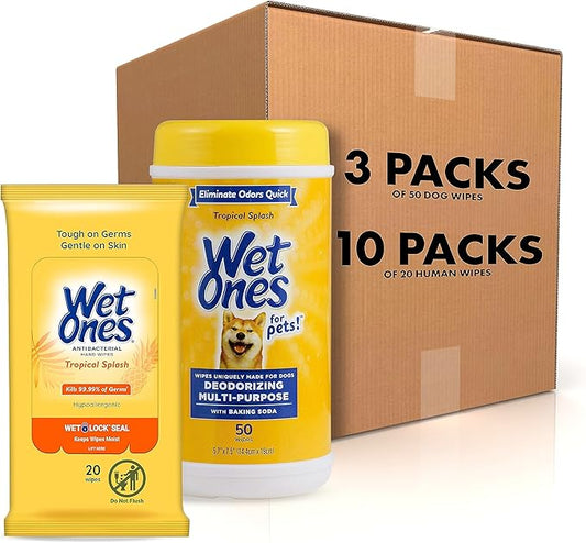 Wet Ones Mixed 13 Piece Bundle of Human & Pet Wet Wipes, Tropical Splash Scent| 10 Pk Antibacterial Wipes, 20 Ct Plus 3 Cannisters for Pets Deodorizing Multi-Purpose Dog Wipes 50ct