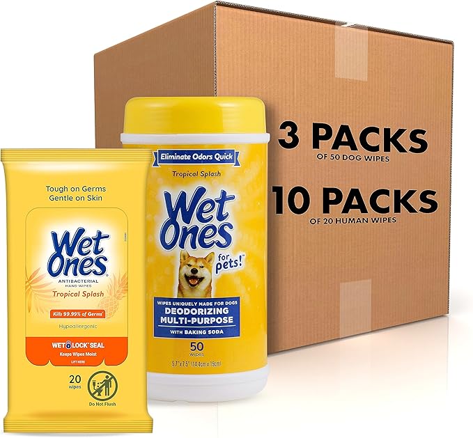 Wet Ones Mixed 13 Piece Bundle of Human & Pet Wet Wipes, Tropical Splash Scent| 10 Pk Antibacterial Wipes, 20 Ct Plus 3 Cannisters for Pets Deodorizing Multi-Purpose Dog Wipes 50ct