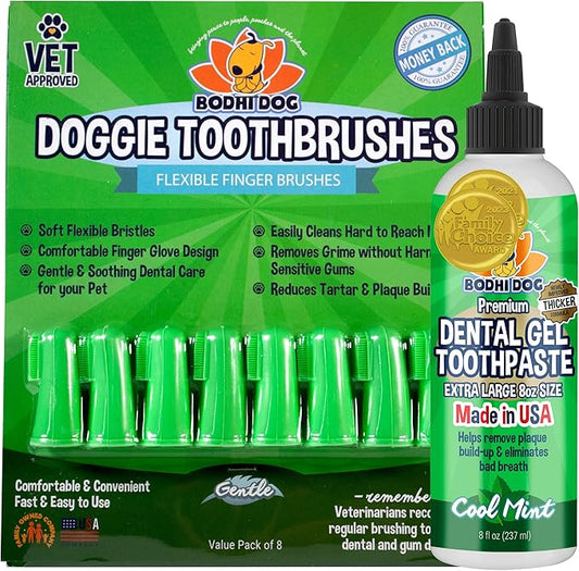Bodhi Dog 8-Pack Gentle Disposable Finger Toothbrush | Soft & High-Grade Dog Toothbrush with Silicone Bristles + Dental Gel Reduces Tartar and Freshens Bad Breath | Oral Care or Dental Care Bundle