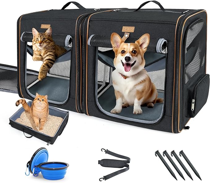 Lekereise 2-in-1 Cat,Dog Carrier for Small Medium Large Pets up to 45 Lbs, (20.85"*2)*19.7"*19.7" Car Travel Carrier with Litter Box, Bowl, and Locking Zipper - Black