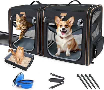 Lekereise 2-in-1 Cat,Dog Carrier for Small Medium Large Pets up to 45 Lbs, (20.85"*2)*19.7"*19.7" Car Travel Carrier with Litter Box, Bowl, and Locking Zipper - Black