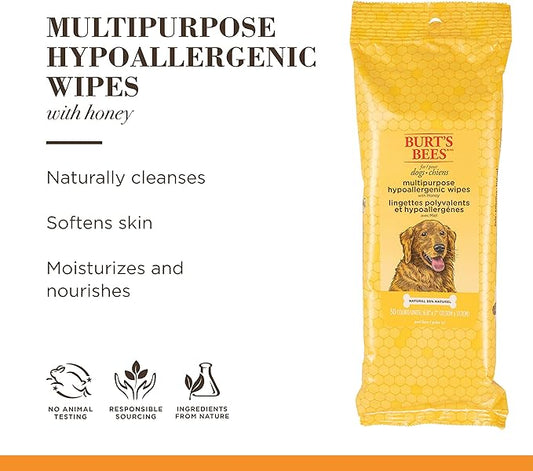 Burt's Bees for Pets Multipurpose Grooming Wipes - Puppy & Dog Wipes for All Purpose Cleaning & Grooming - Cruelty Free, 50 Ct Pet Wipes, Puppy Supplies