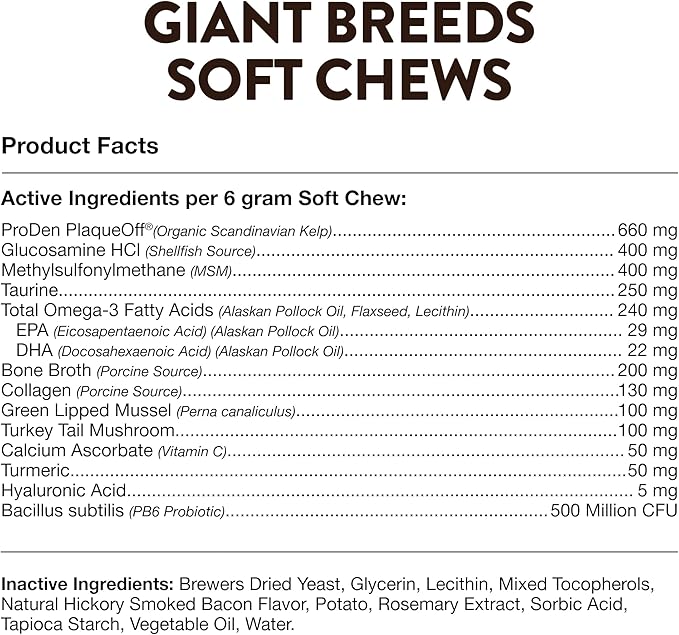 NaturVet Giant Breeds Supplement- for Joint Support, Digestion, Skin, Coat Care- Dog Multivitamins with Minerals, Omega-3, PlaqueOff- Wheat-Free Vitamins for Dogs- Giant Breeds- 50 Soft Chews