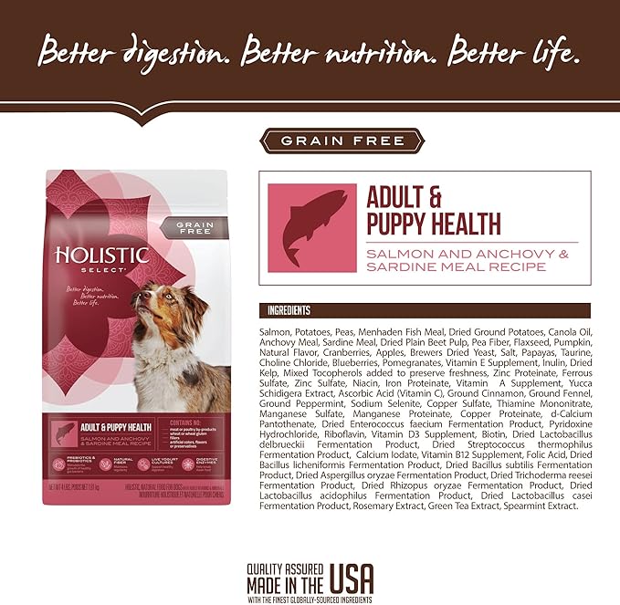 Holistic Select Natural Grain Free Dry Dog Food, Adult & Puppy Salmon, Anchovy & Sardine Recipe, 24-Pound Bag