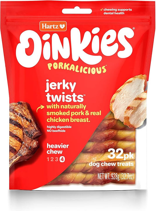 Hartz Oinkies Porkalicious Smoked Pig Skin Jerky Twists Dog Treats, 32pk