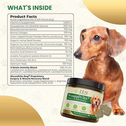 Zen Pet Nutrients WoundVite Hip and Joint Chews for Dogs - Dog Hip and Joint Supplement with Glucosamine Chondroitin, Hyaluronic Acid and MSM for Dog Surgery, Recovery and Joint Relief