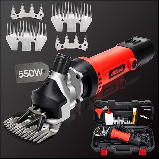 Sheep Shears Electric 550W - Upgraded Professional Sheep Clippers with 2 Blades, 6 Speed Heavy Duty Livestock Haircut for Grooming Sheep Goats Large Dog Thick Coats Animals No Lubricant(Red)