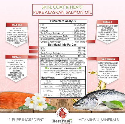 Pure Wild Alaskan Salmon Oil for Dogs & Cats Skin and Coat - Fish Oil Liquid with Pump - Supports Joint Function, Immune & Heart Health - Omega 3 Liquid Food Supplement - All Natural EPA + DHA - 32oz